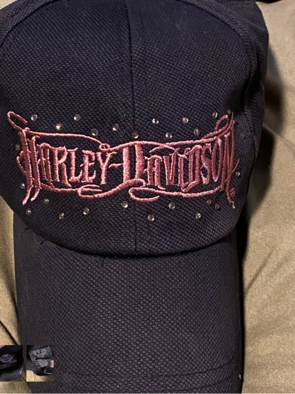 Harley-Davidson Black Cap with Pink Script Logo and Stud Accents